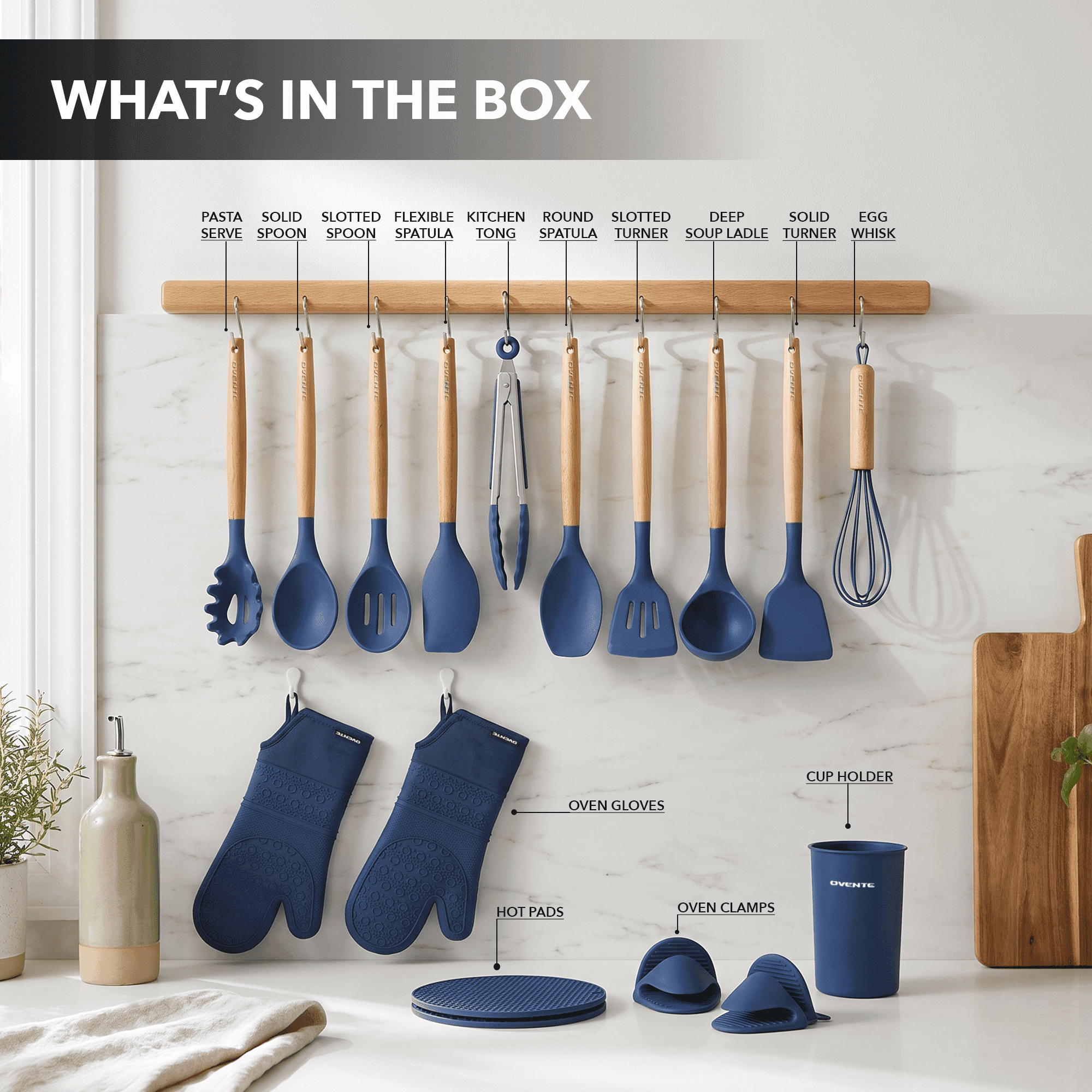 OVENTE Silicone Cooking Utensils Set, 17pcs, Heat Resistant, Blue SPS17BL | Kitchen Tools & Gadgets for Nonstick Cookware, BPA-Free Spatula Set with Wooden Handle, Cup Holder, Oven Gloves & Hot Pads