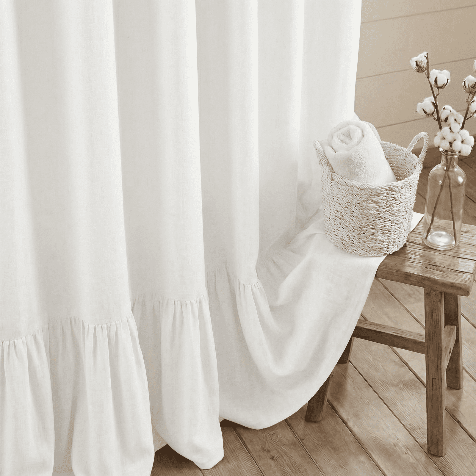NixiYa White Farmhouse Shower Curtain Ruffle Linen Shower Curtain for Bathroom 72"x 72"