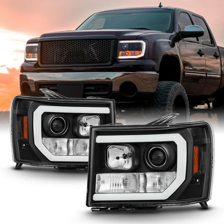 AKKON - For 2007-2014 GMC Sierra 1500 2500 3500 LED [C-Tube Bar] Black Projector Headlight Driver Left   Passenger Rligh Pair