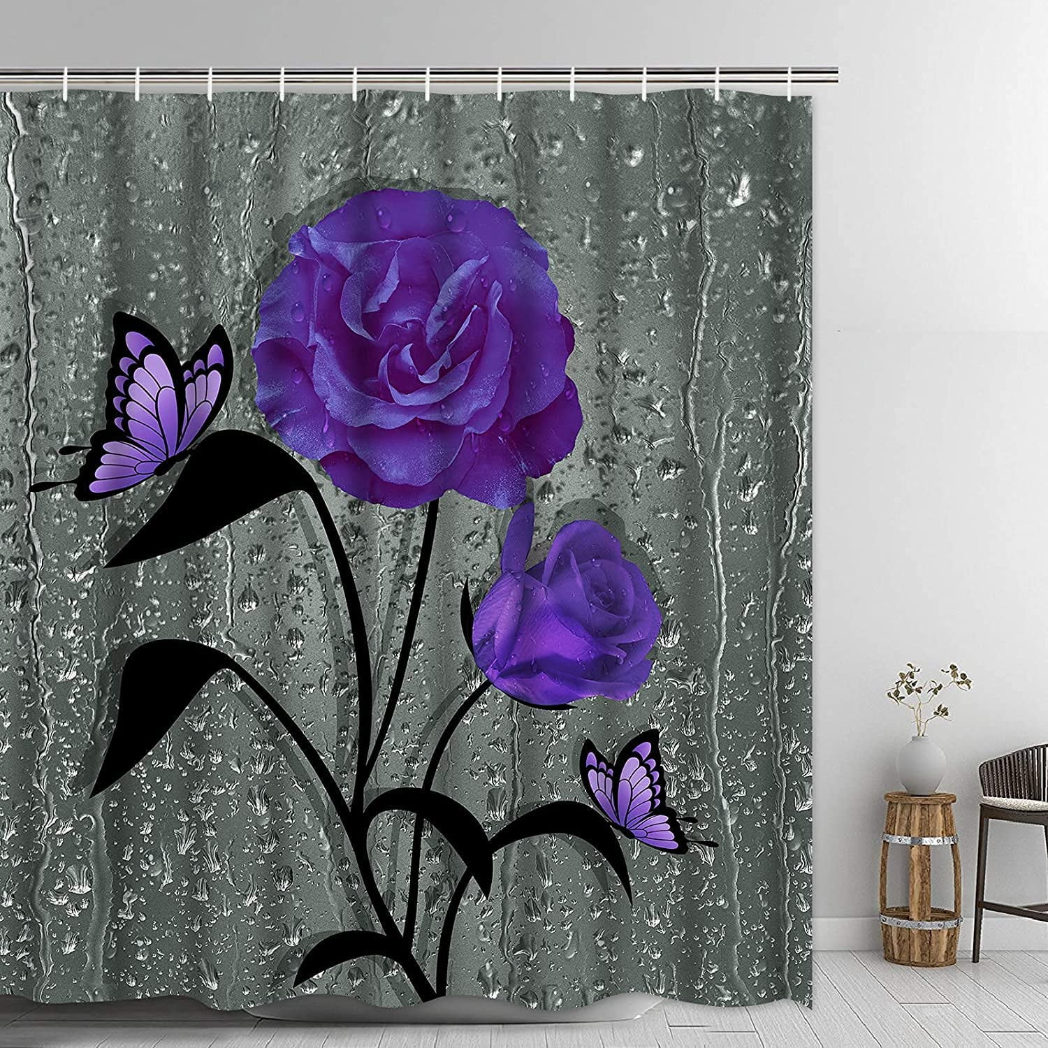 72x72'' Bathroom Waterproof Shower Curtain Floral Of Roses Flowers Butterflies 
