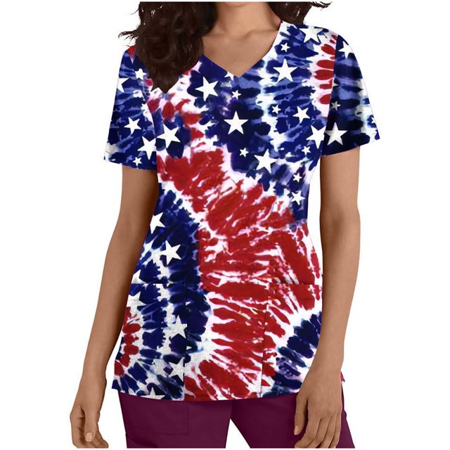 Birdeem Womens Fashion Short Sleeve V-Neck Tops Working Uniform Independence Day Printing with Pocket Blouse Tops