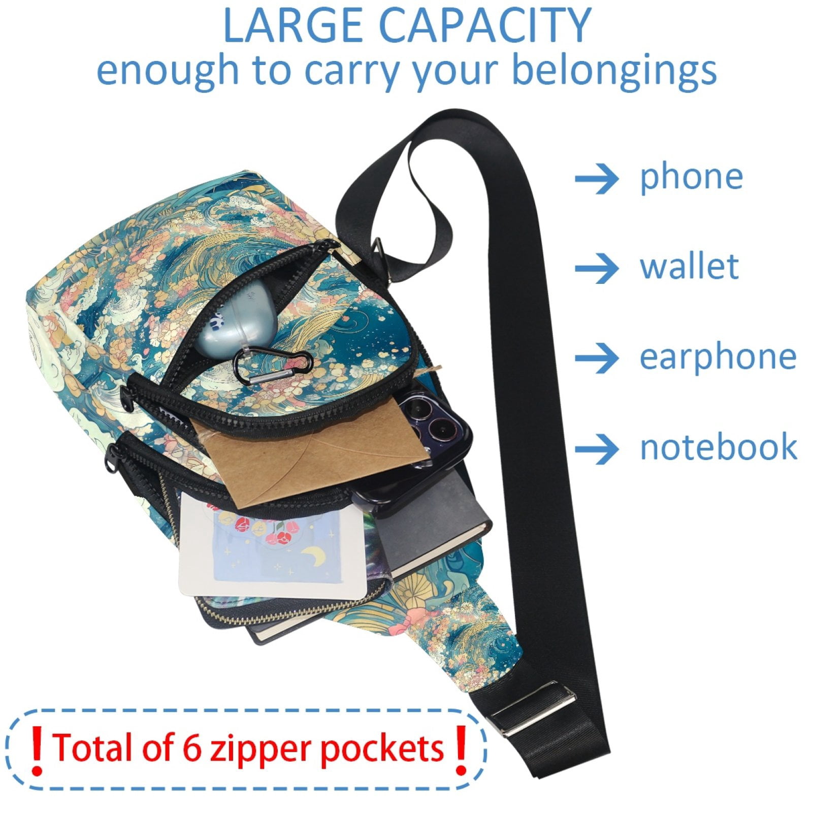 ERJLKXP Wave and Floral Vintage Japanese Abstract Small Mens Women Crossbody Chest Bag, Travel Over Shoulder Sling Bag Backpack Men Side Bag,Daypack