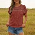 thumbnail image 3 of Womens Casual Lace Trim Ribbed Knit Short Sleeve Top Crewneck Boho Blouse Textured Summer Going Out Stretchy Yoke Tee,Size 3XL, 3 of 8