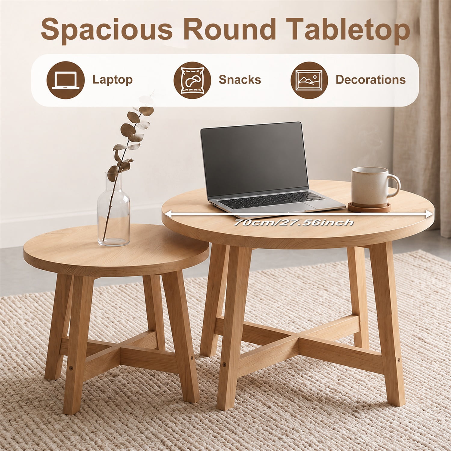 Hommoo 2-Piece Round Nesting Coffee Tables Set, X-Frame Stackable Modern Side Tables for Living Room, Bedroom & Balcony, Natural