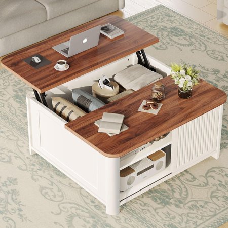 Lift Top Coffee Table with Storage, 31.5" Mid Century Modern Square Coffee Tables for Living Room, Large Hidden Storage Compartment, Adjustable Shelves & Sliding Door, White