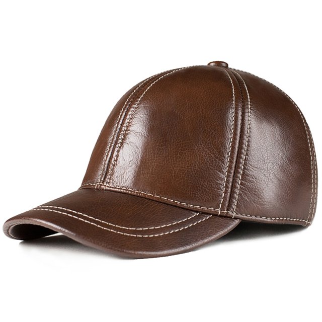 Brown Baseball Cap Men Real Leather Snapb-ack Cowskin Autumn Winter Adjustable Golf Dad Hat