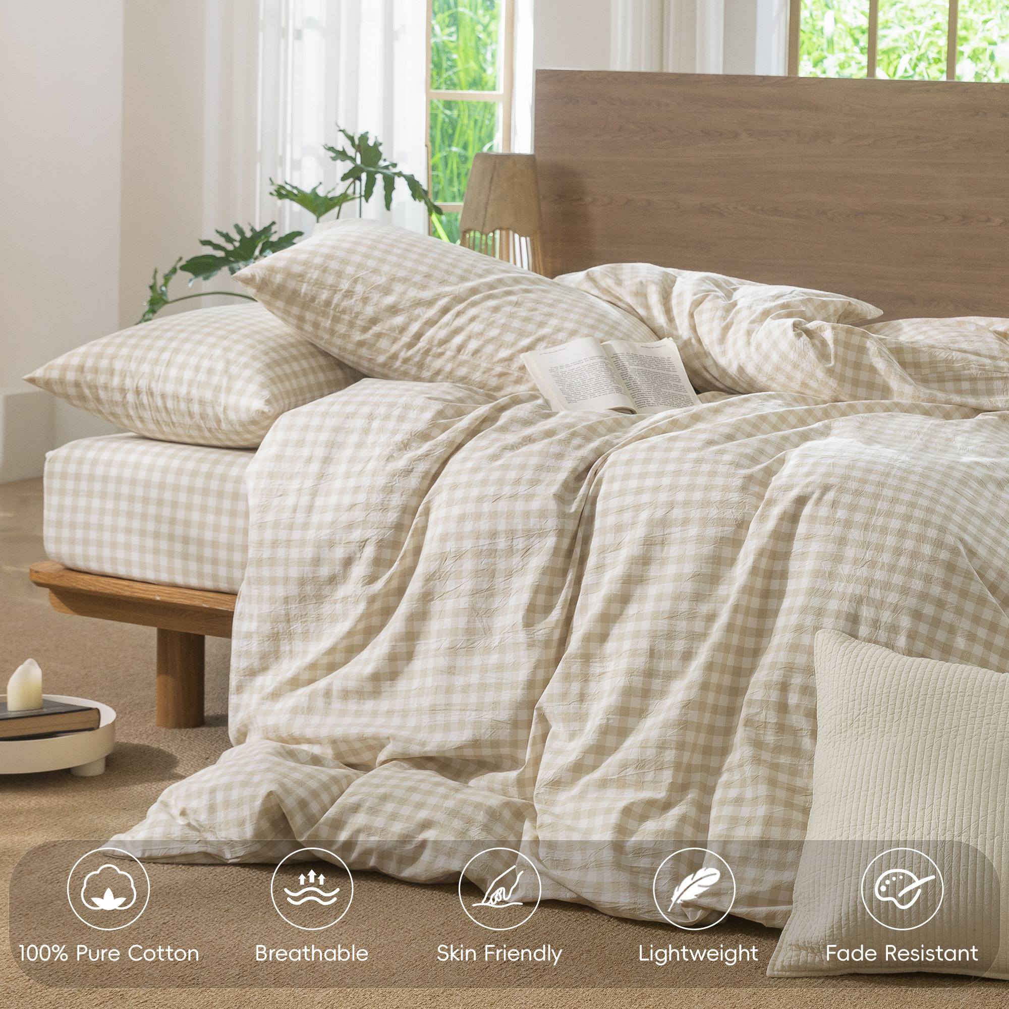 MooMee Gingham Duvet Cover Set King 100% Washed Cotton Linen Like Textured Breathable Lightweight 3-Piece (Almond Milk Grey, 104"x90")