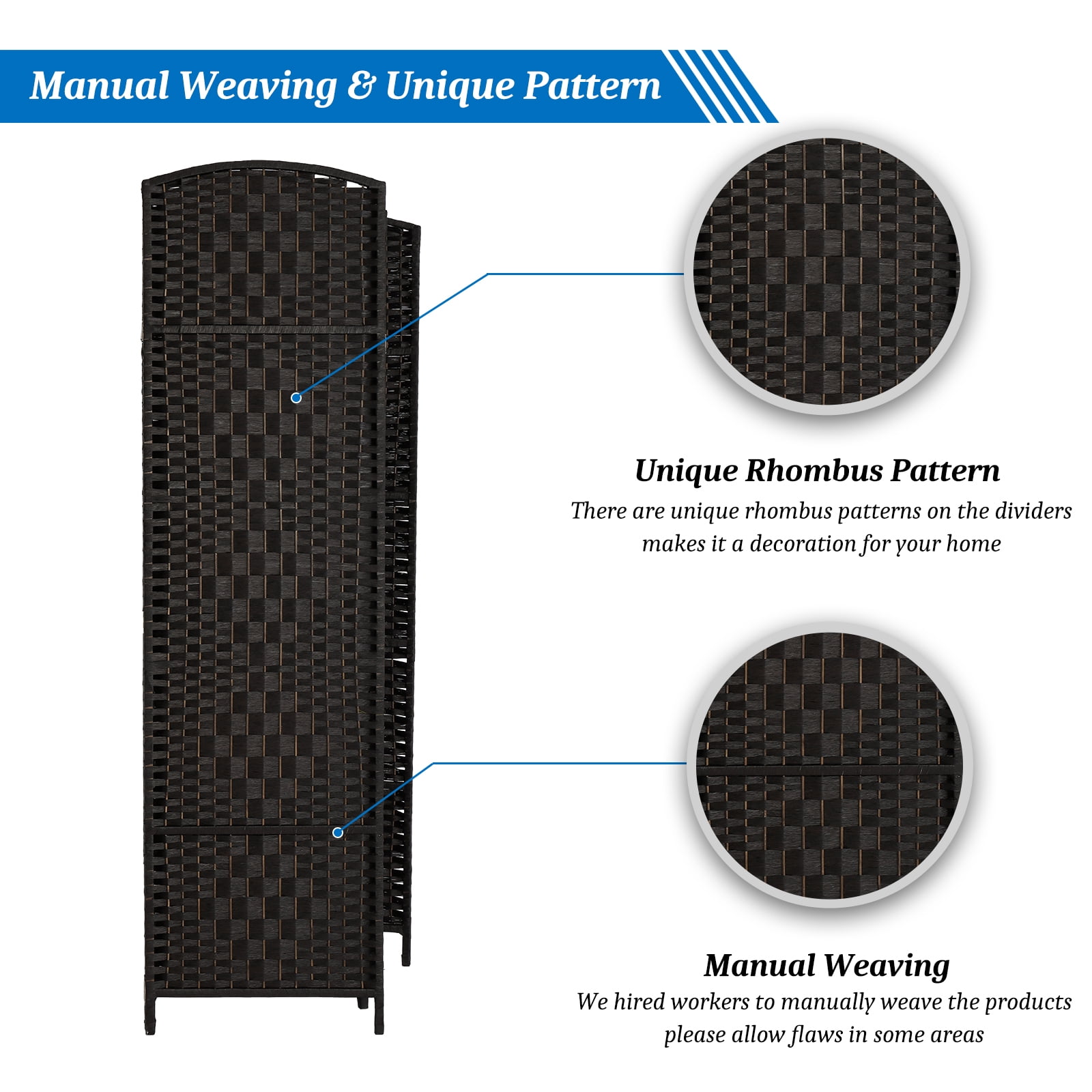 VINGLI 6-Panels Rattan Room Divider, 6 ft Folding Privacy Screen(Black)