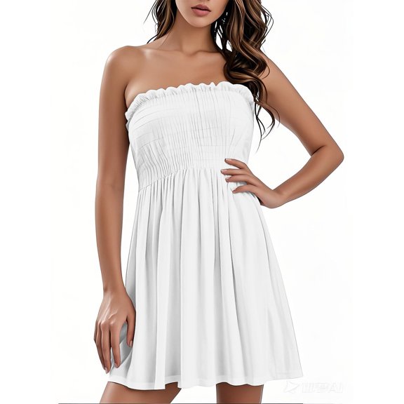 bbyeadc Sun Dresses Women Summer Casual Sleeveless Sexy Tube Strapless Smocked Mini Sundresses for Women Boho Tie-Dye Plus Size Dress for Women Off the Shoulder Graduation Dress, White S