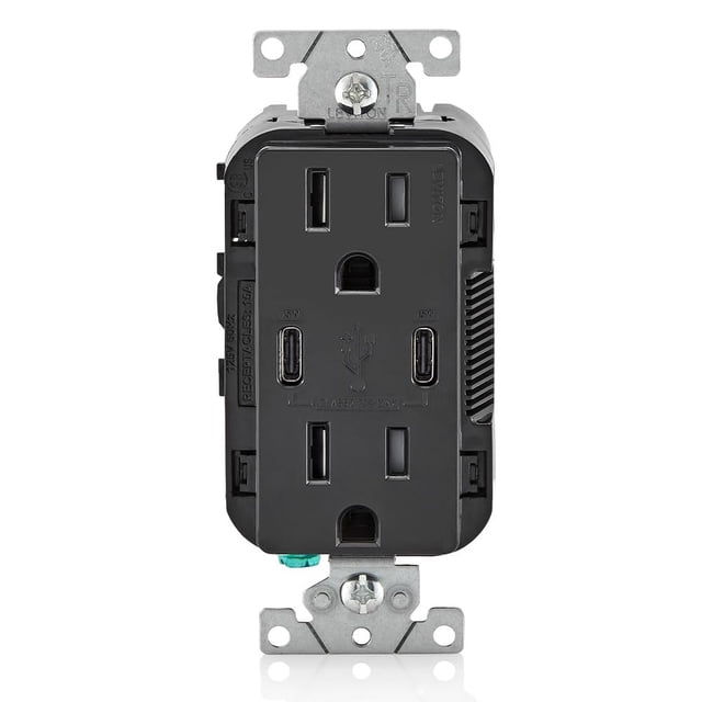 Leviton T5637-E Cargador de pared USB dual tipo C/C de 30 W (6 A) con salida a prueba de manipulaciones de 15 A Cargador USB para teléfonos inteligentes y tabletas, no para computadoras portátiles, ne