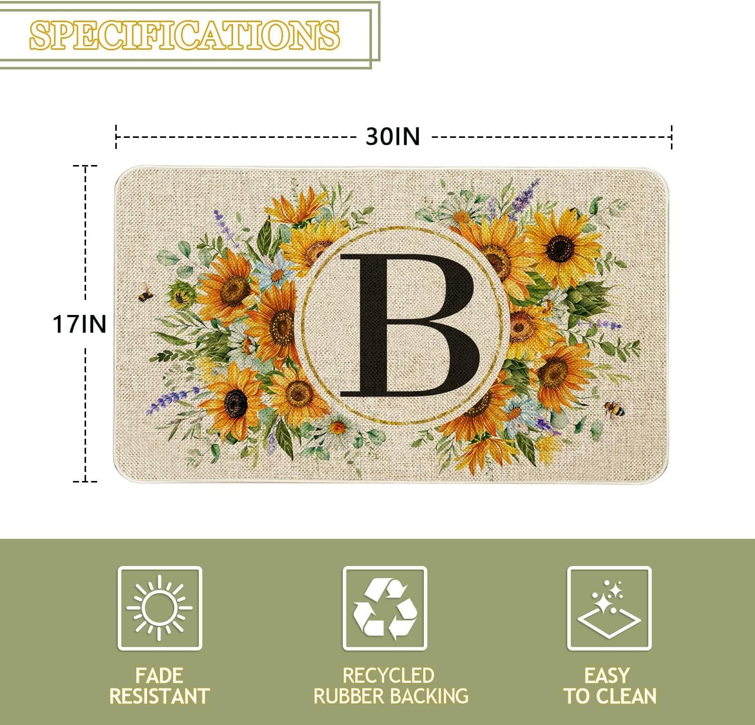 Summer Sunflower Monogram Letter B Door Mat 30 X 17 Inch Family Last Name Initial Welcome Doormat Indoor Outdoor Entrance Floor Rug Non Slip Spring Summer Decor Rubber Mats