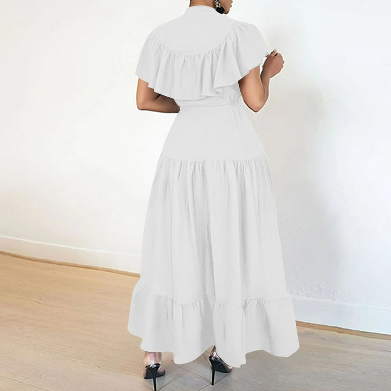 Efsteb Womens Casual Maxi Dresses Mock Neck Pleated Ruffle Cape Dress Loose A-Line Flowy Boho Beach Dresses (White,XL), Women's