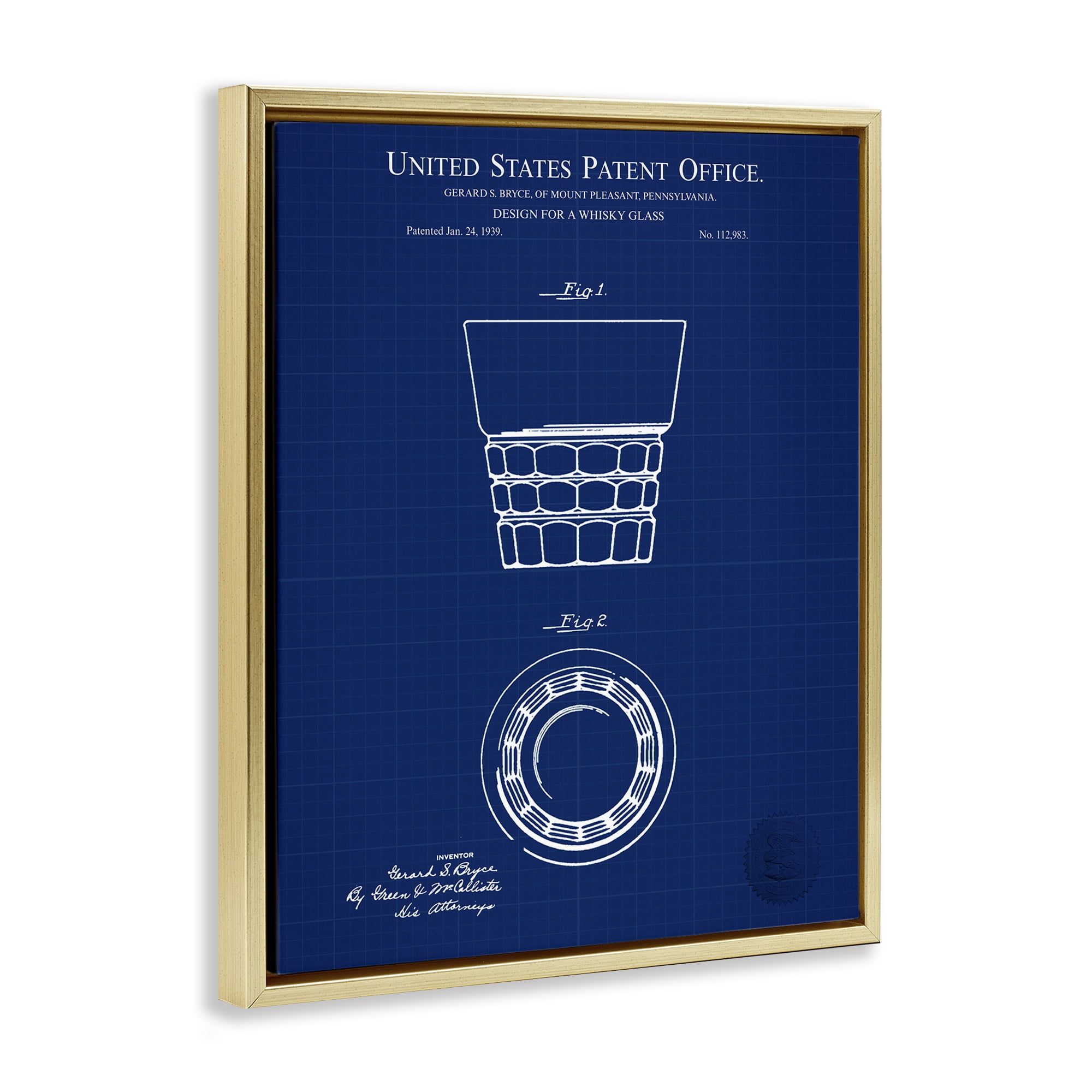 Stupell Industries Whisky Glass Blueprint Typography Painting Gold Floater Framed Art Print Wall Art, 25 x 31