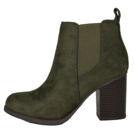

Soda Women Ankle Boots Slip-On Booties Elastic Shaft Pointed Toe Block High Heel PHYSIC-S Forest Green Khaki 6