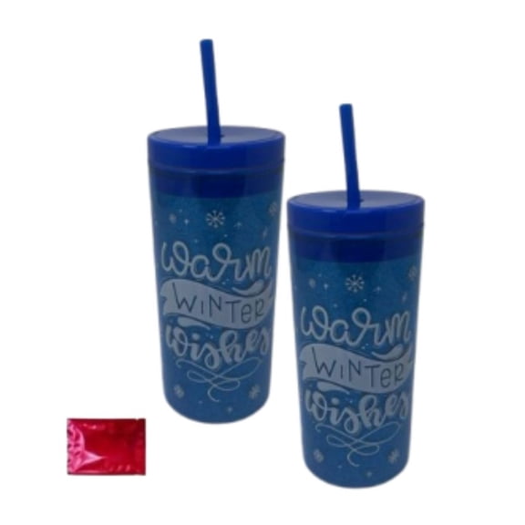 16oz Christmas Tumbler with Straw  “Warm Winter Wishes”  2 Pack | Double-Wall Reusable Holiday Cups with Lids & Straws | Durable Plastic Tumblers for Hot & Cold Drinks   BONUS LaPrima Morceau Bonbon