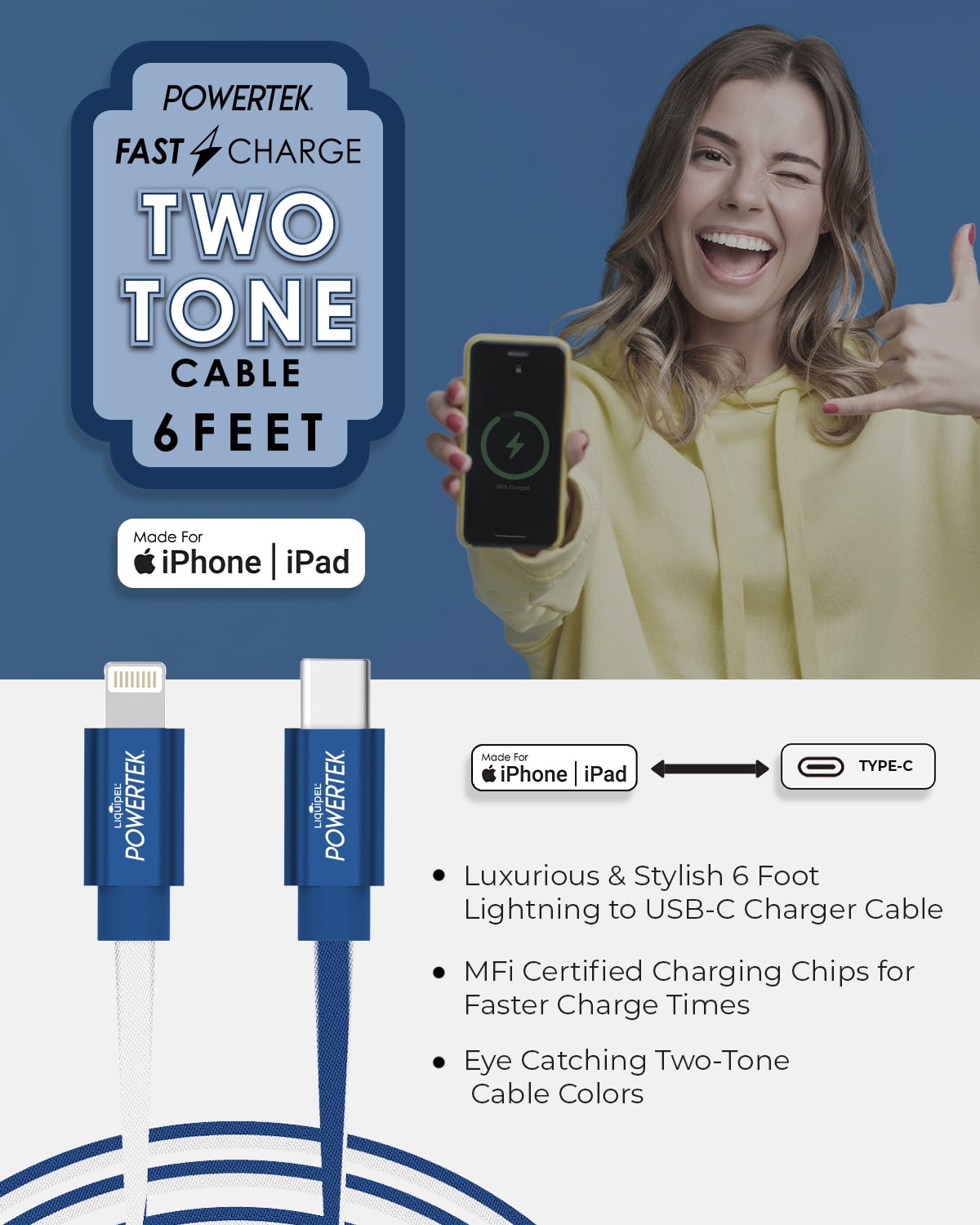 Liquipel Powertek USB C Lightning iPhone Charger Cable [MFI Certified], 6ft Fast Charging, Two Tone