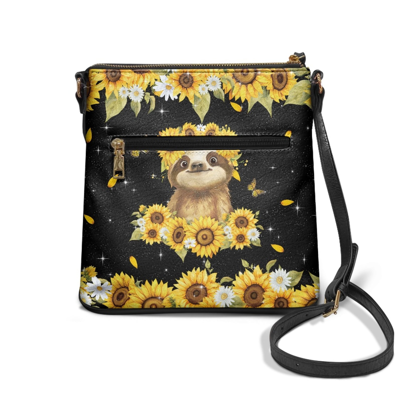 LedBack Sloth Print Crossbody Bag for Women, Zipper Leather Hobo Purse for Women Ladies, Portable Satchel Bag Multi Pockets Shoulder Handbag for Travel Shopping, Black