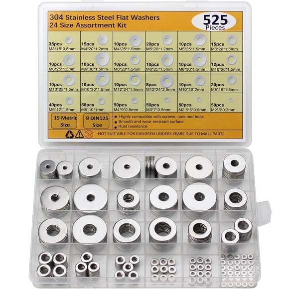 Asherxin 525pcs Fender Washers 304 Stainless Steel Flat Washers 24 Sizes DIN125+Metric Assorted Washers Set Assortment Washer Kit for Screws Bolts (M