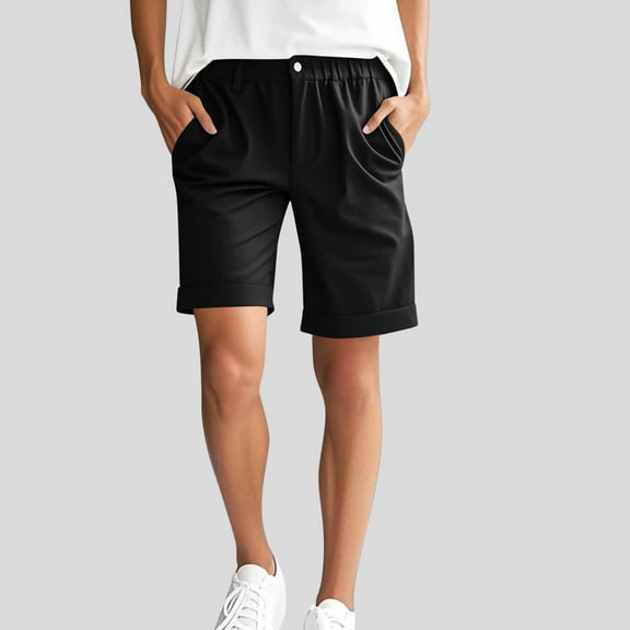 uublik Cargo Shorts Women Bermuda Knee Length Long Hiking Shorts with Pockets Elastic Waist for Summer Casual Trendy Outfits Black