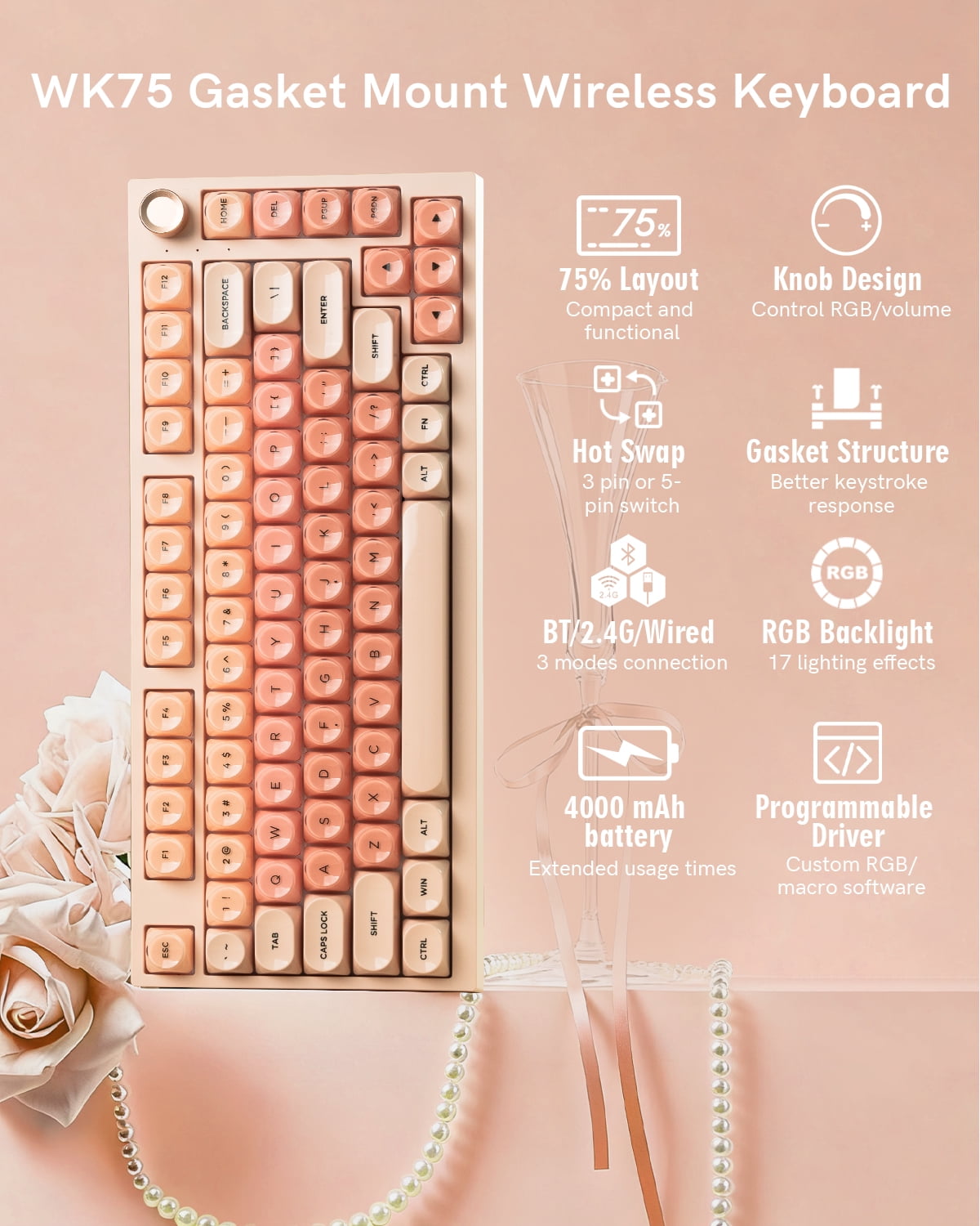 Wireless Mechanical Keyboard, 75% Layout Creamy Keyboard with Knob, Jelly Keycaps, Hot Swap Gasket Custom Structure, Pre-lubed Switches, RGB Backlit, Bluetooth/Type-C/2.4G