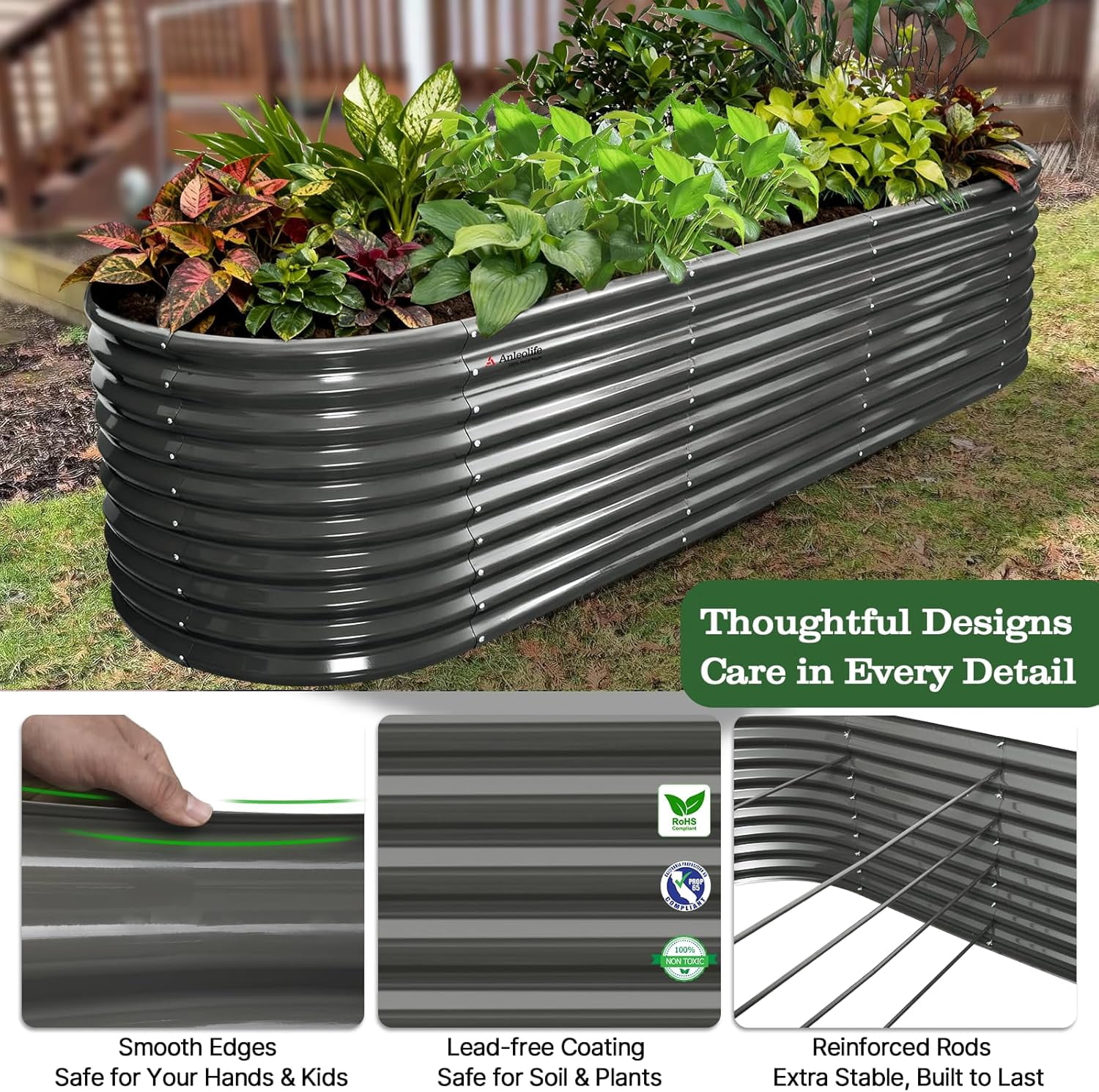 A ANLEOLIFE 30" Extra Tall Galvanized Raised Garden Beds Outdoor, 10x3x2.5ft Large Oval Metal Planter Boxes for Planting Vegetables, Flowers, Fruits, Eco-Safe & Easy Setup, Quartz Grey