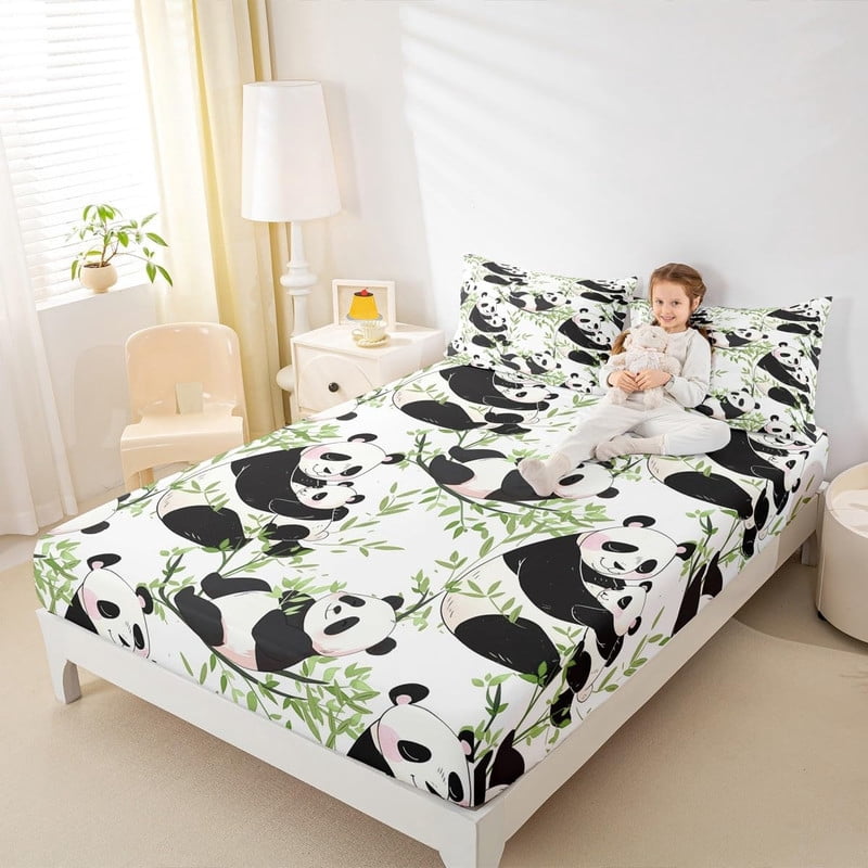 Cute Panda Fitted Sheet Full Size,Cartoon Wild Animals Bedding Set 3pcs for Kids Teens Boys Girls Room Decor,Green Bamboo Leaves Bed Sheet Set Natural White Bed Cover with 2 Pillowcases