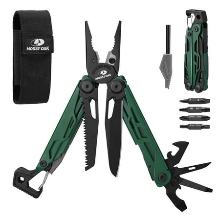 MOSSY OAK CNC-Machined Multitool Pliers 27-in-1 Multi Tool with Pocket Knife Fire Starter & Whistle Bottle Opener Screwdriver – Self-Locking Survival Tool for Camping & Hiking