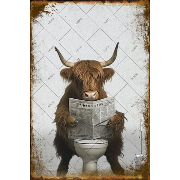 Noete Cow Toilet Reading Metal Sign 12x16 Inch, Vintage Funny Highland Cow Reading Newspaper on Toilet Wall Art for Home, Office, Bar, Cafe & Bathroom Decor