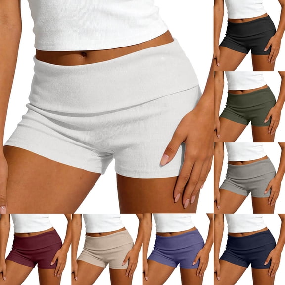 Nkmbld Womens Fold Over Yoga Shorts Ribbed Stretchy Biker Shorts Workout Athletic Shorts