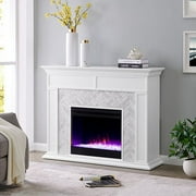 SOUTHERN ENTERPRISES SEI Furniture Electric Freestanding Color Changing Tiled Fireplace in White with Gray Marble