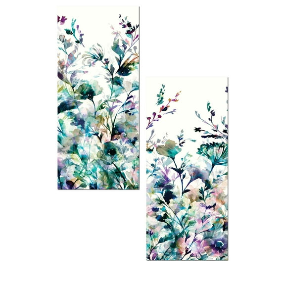 Stunning Teal and Purple Abstract Floral Panel Set by Wild Apple Portfolio; Two 8x18in Unframed Paper Posters