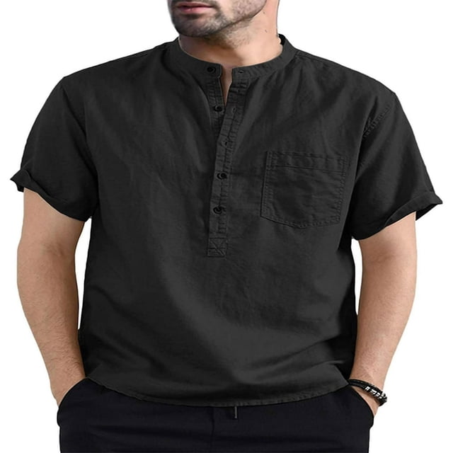 Men‘s Stylish Casual Basic Short-Sleeved Shirt Solid Color Henley Collar Top With Pockets Buttons