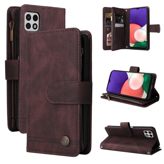 Case for Samsung Galaxy A22 5G Cover Zipper Pocket Wallet Case Magnetic Protective - Braun
