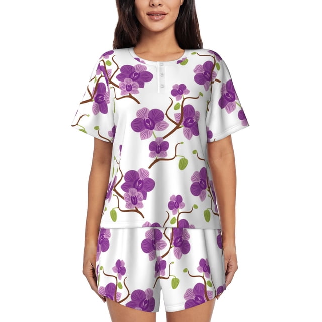 Xecao Orchids Flowers Pattern Women's Short Sleeve Pajama Set Soft Sleepwear Lounge Set with Button Front Top and Drawstring Shorts with Pockets-X-Large