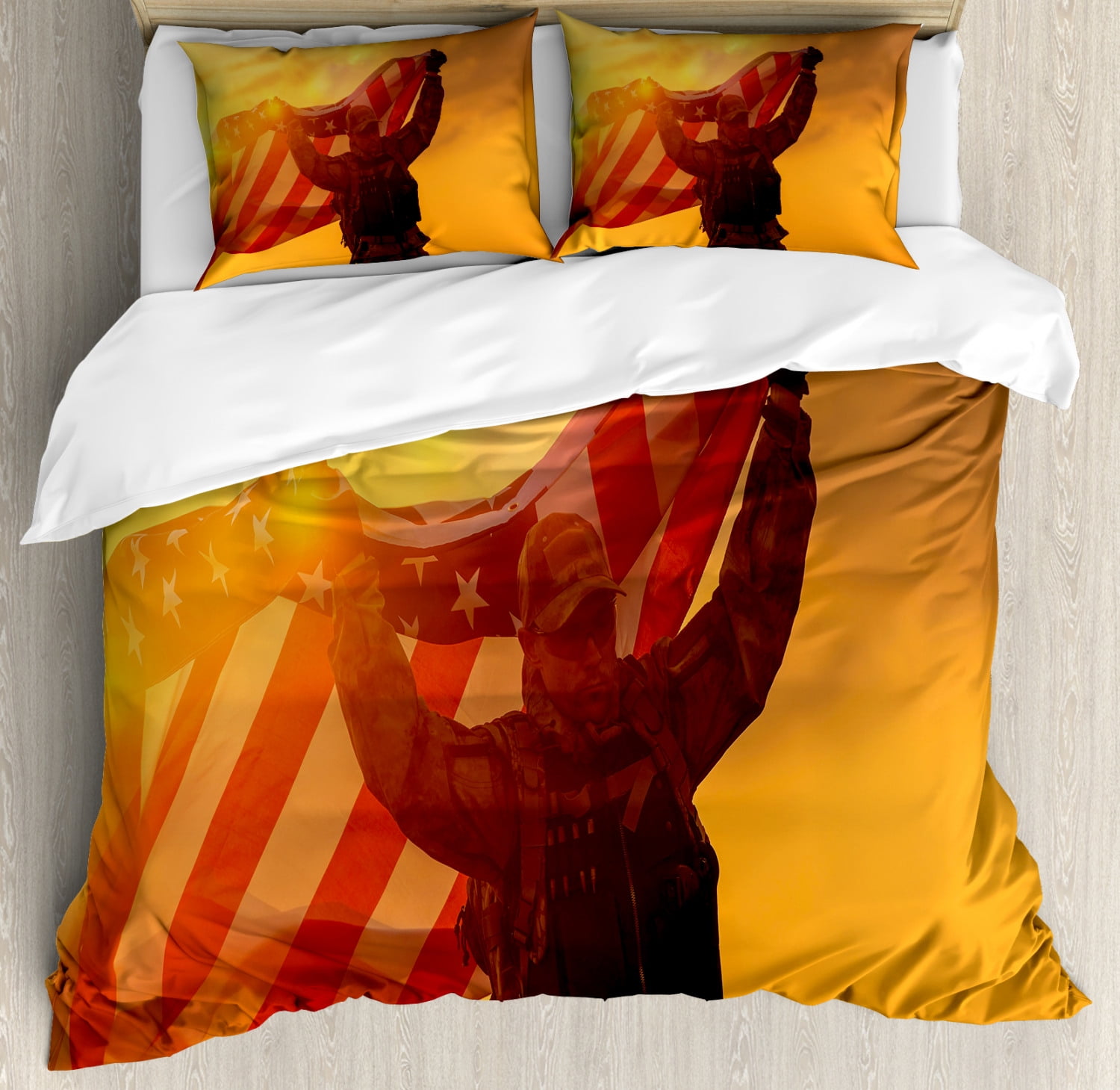United States Duvet Cover Set King Size Service Man Celebrating Victory With Large American Flag Patriotic Image Decorative 3 Piece Bedding 2 Pillow Shams Multicolor By Ambesonne In Duvet Cover Set King Size, Patriotic King Size Bedding