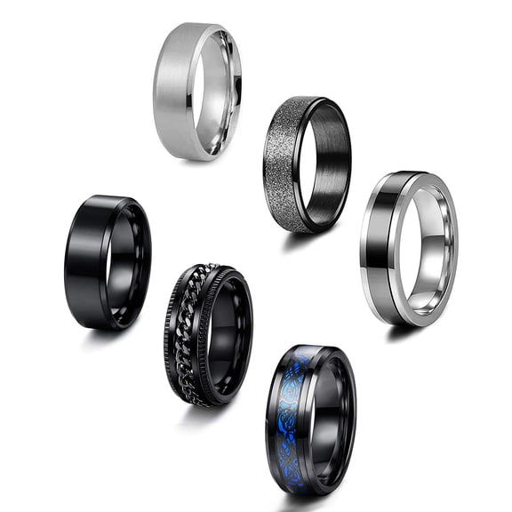 6/8mm 6pcs Ring for Men Wide Wedding Promise Band Ring Set - Relieving Stress Anxiety Ring Set Size 7-13
