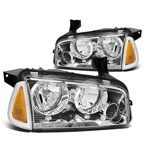 DNA Motoring HL-OH-CHA05-4P-CH-AM Chrome Amber Headlights Replacement For 06-10 Charger
