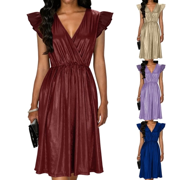 AnuYalue Womens Summer Pleated Midi Dress 2026 Summer Ruffle Sleeve V Neck Cocktail Wedding Guest A Line Dresses