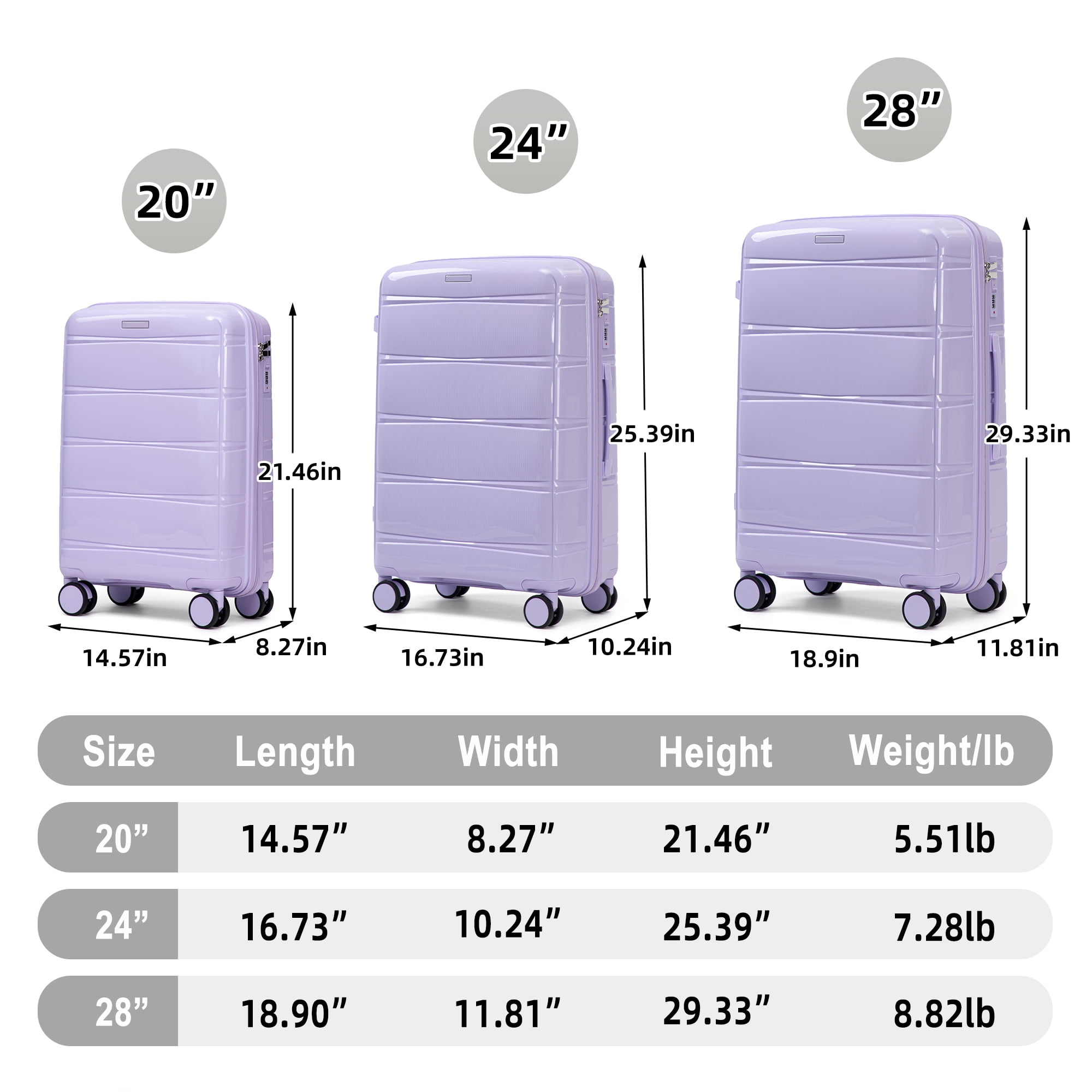 Alvantor 3 Piece Hardshell Luggage Set PP Hardside Suitcase with Iron Telescopic Handle Side Hook 20"24"28"(Purple)