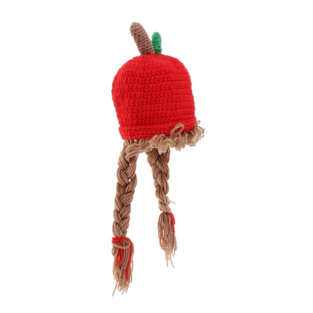 Gorro de punto con peluca para niña, tamaño 48 cm, con 2 trenzas grandes, cálido para invierno. rojo
