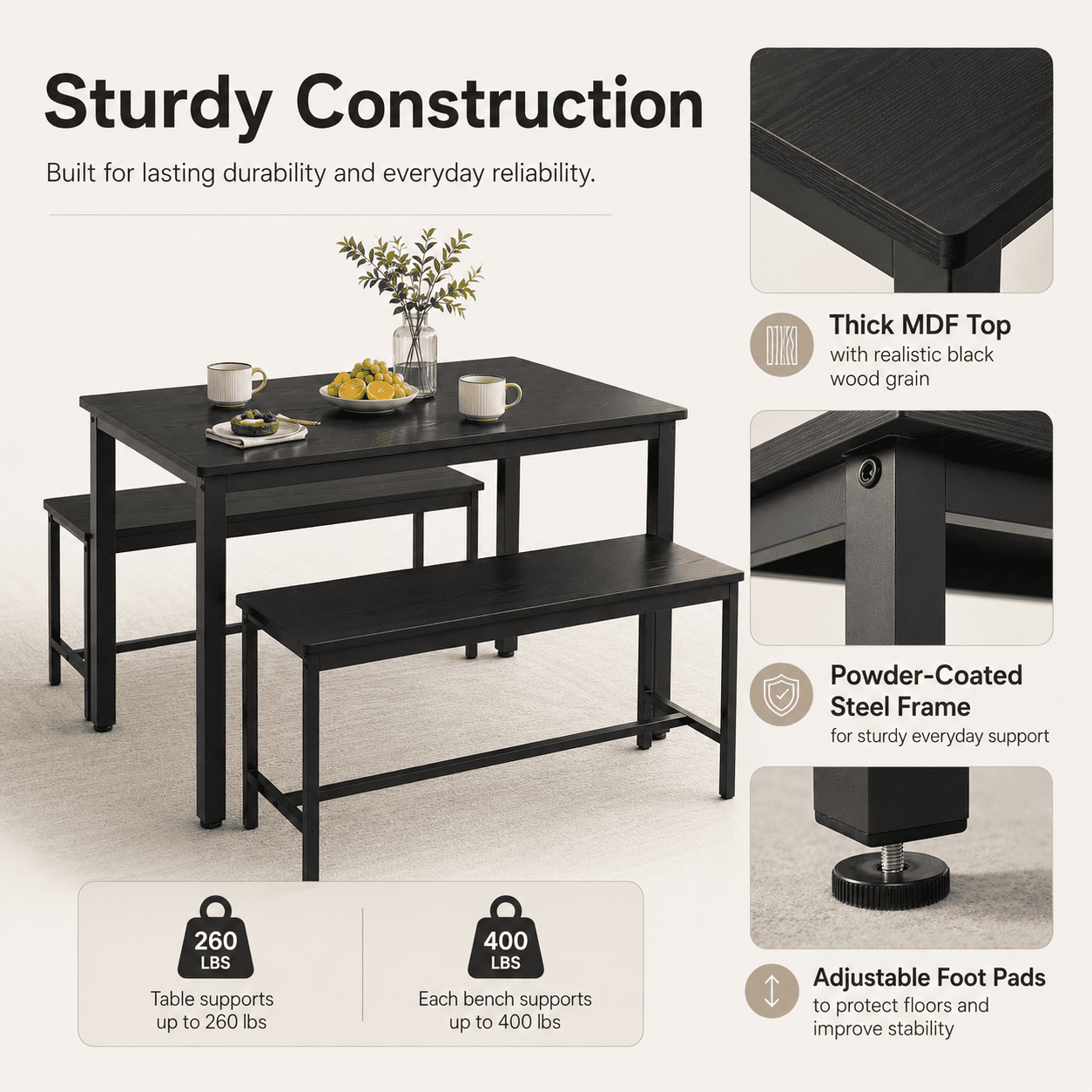 Aukfa Dining Table Set for 4, Rectangular Kitchen Table W/ 2 Benches for Small Space,Black