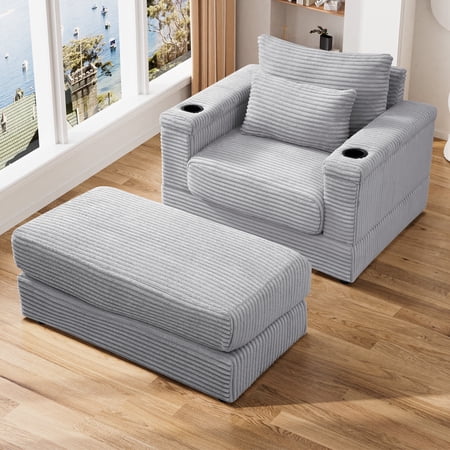 Rophefx Upholstered Deep Seat Single Sofa with Ottoman for Living Room