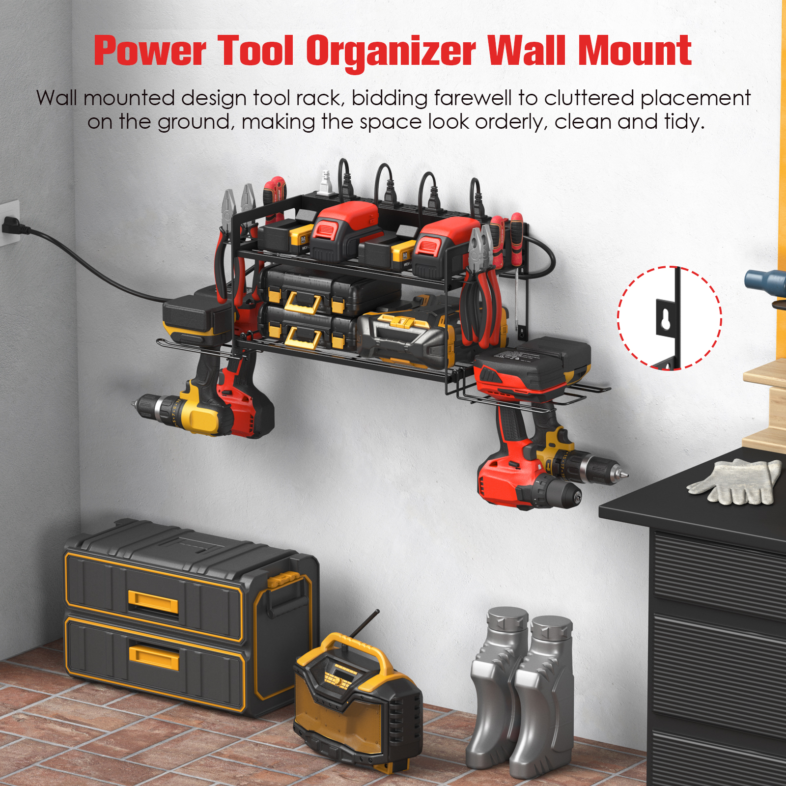 VILONG Power Tool Organizer with Charging Station–Cordless Drill Holder&Battery Storage Rack–Garage Wall Mount Tool Shelf Heavy Duty,Gift for Men,Black
