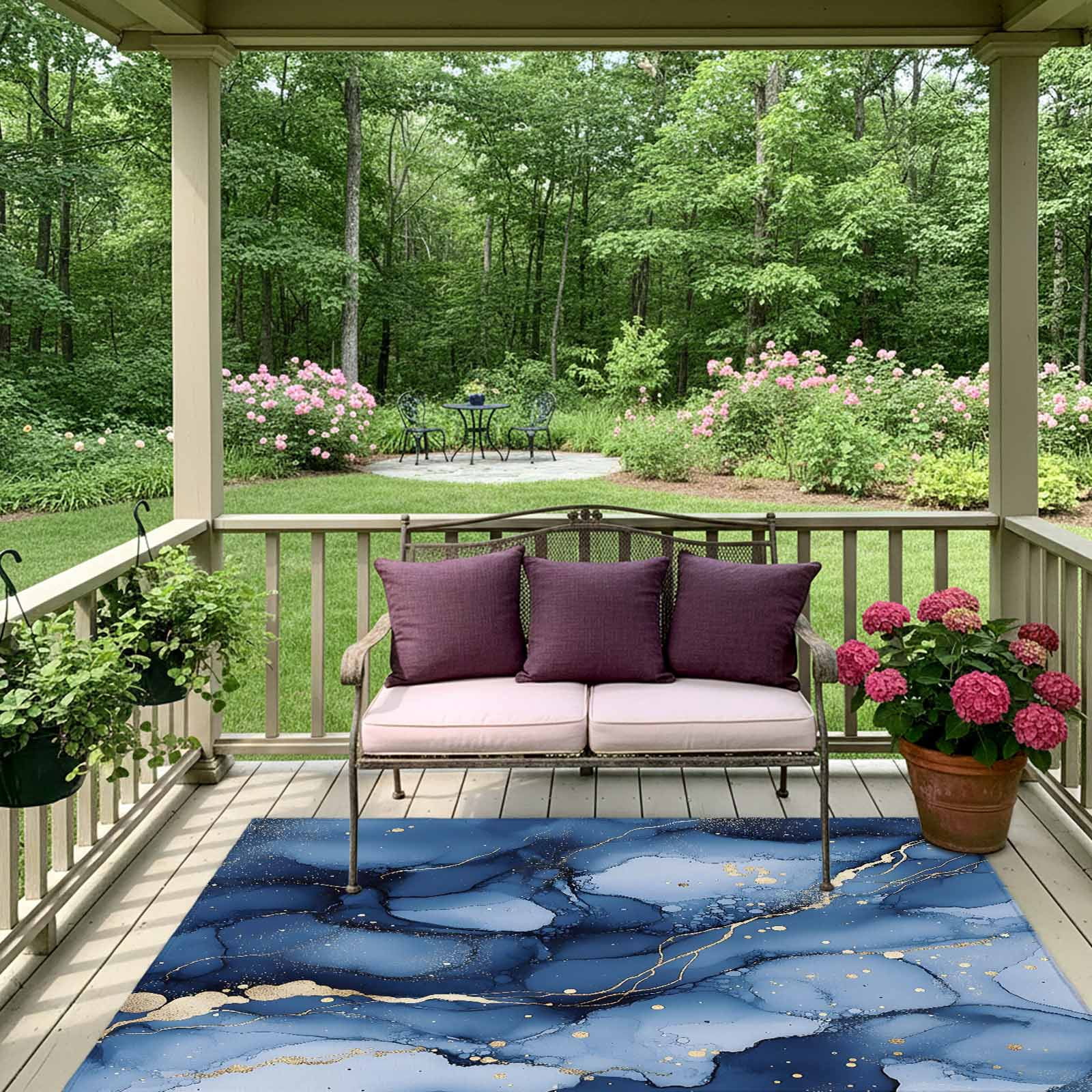 Outdoor Rug 5x8ft Onbre Blue Golden Marble Texture Large Area Rug Abstract Modern Art Indoor Outdoor Carpet Outdoor Rugs Mats for Patio Camping,RV,Front Door, Outside Decor