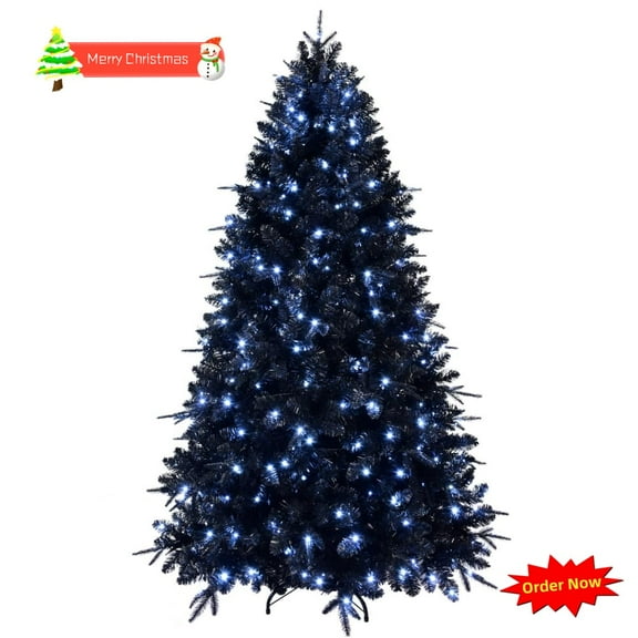 Tcbosik 6ft Pre-Lit Black Christmas Tree with Lights, Artificial Xmas Tree with 1460 Branch Tips for Holiday Decoration, Metal Stand Included