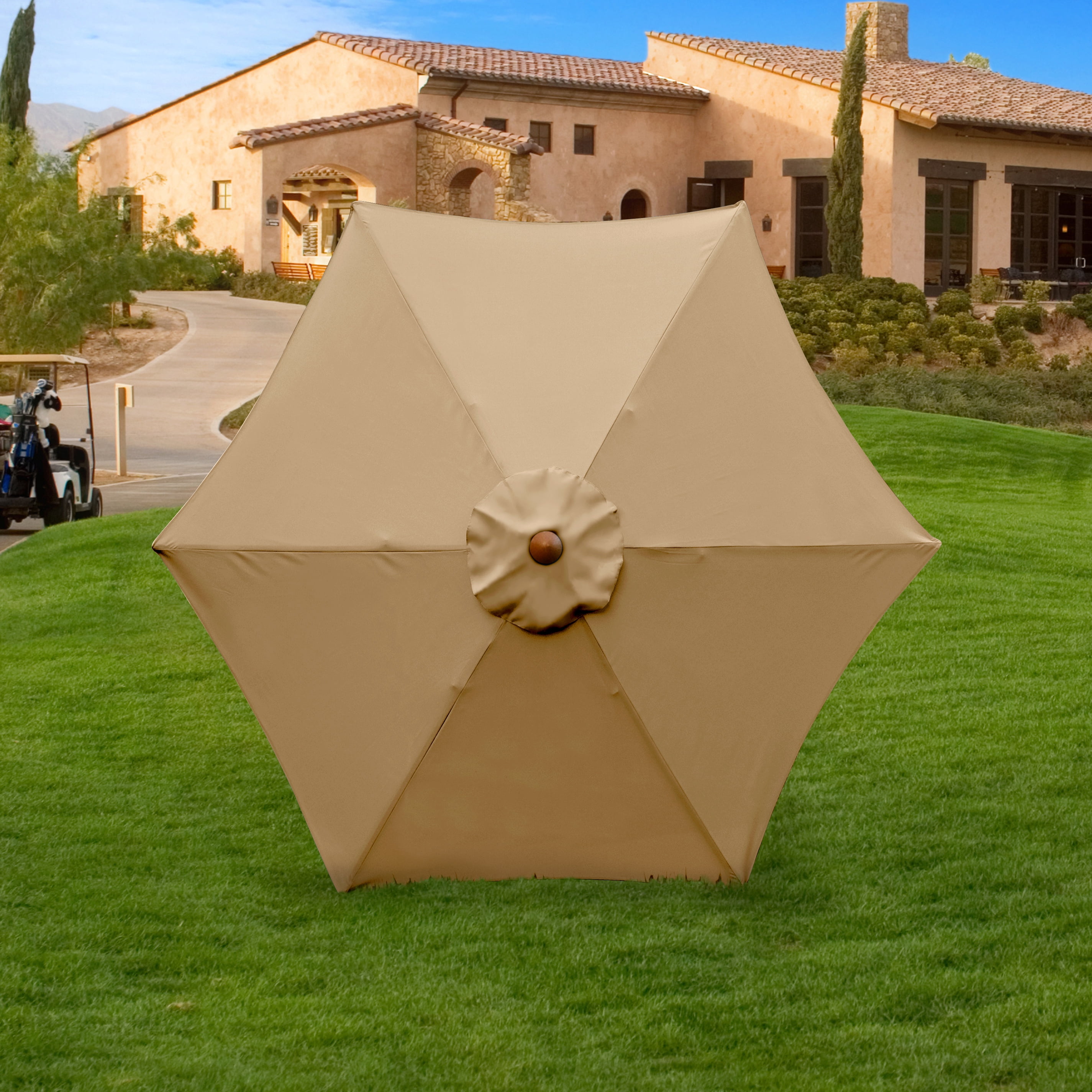Astella 90" Antique Beige Solid Print Hexagon Market Patio Umbrella