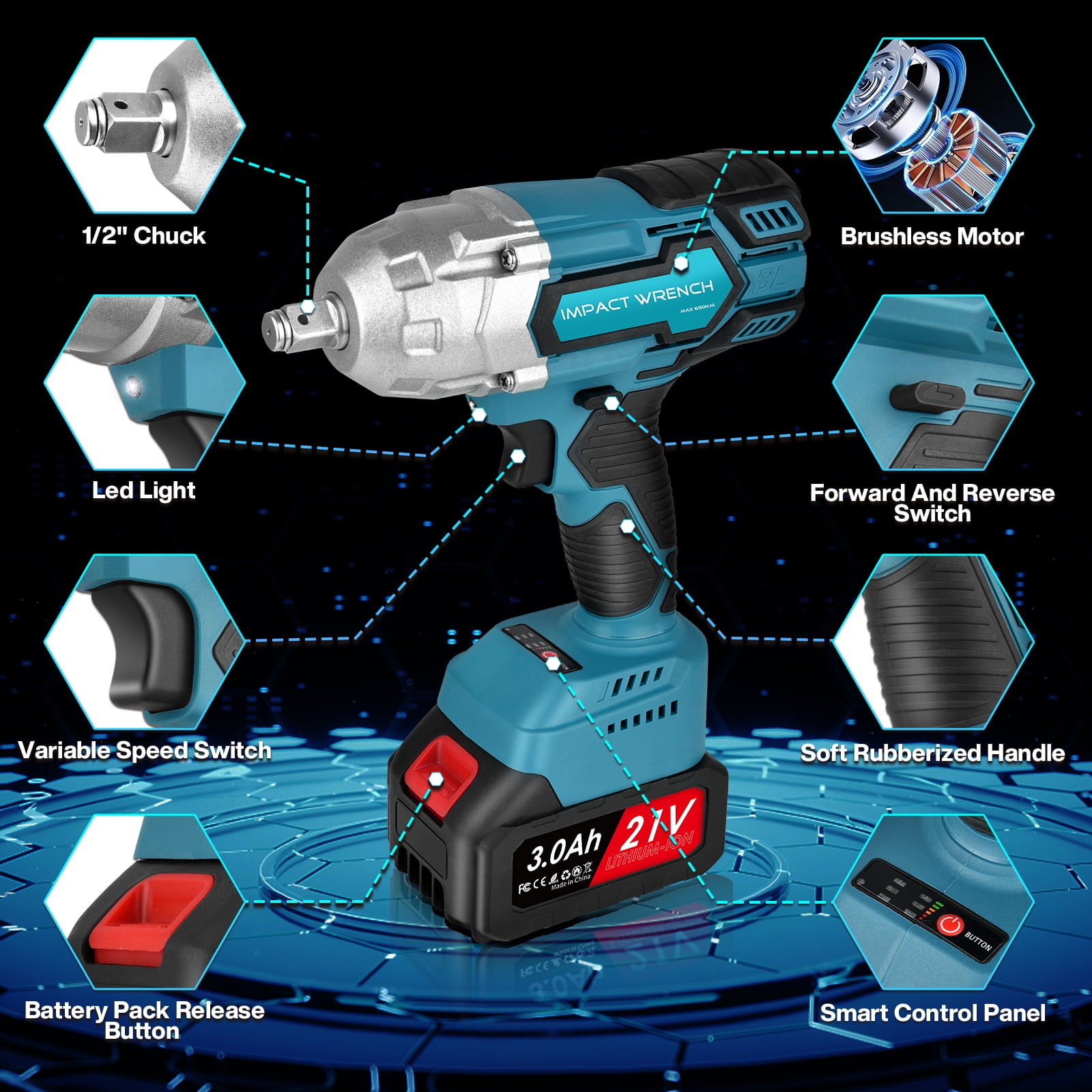Teanyotink Cordless Electric Impact Wrench Portable Handheld Lithium Battery Impact Wrench High Torque Electric Impact Gun Tool Set Nut Disassembly Tool with 2X 4.0Ah Battery