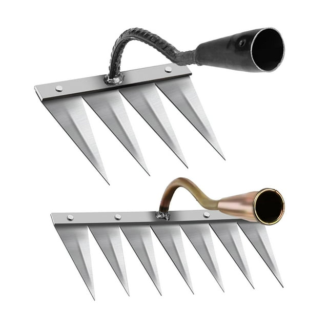 2 piezas de azada desherbadora, rastrillo, grada, parterres, plantación para labranza y excavación de granjas 4 Diente Latón 7 Diente