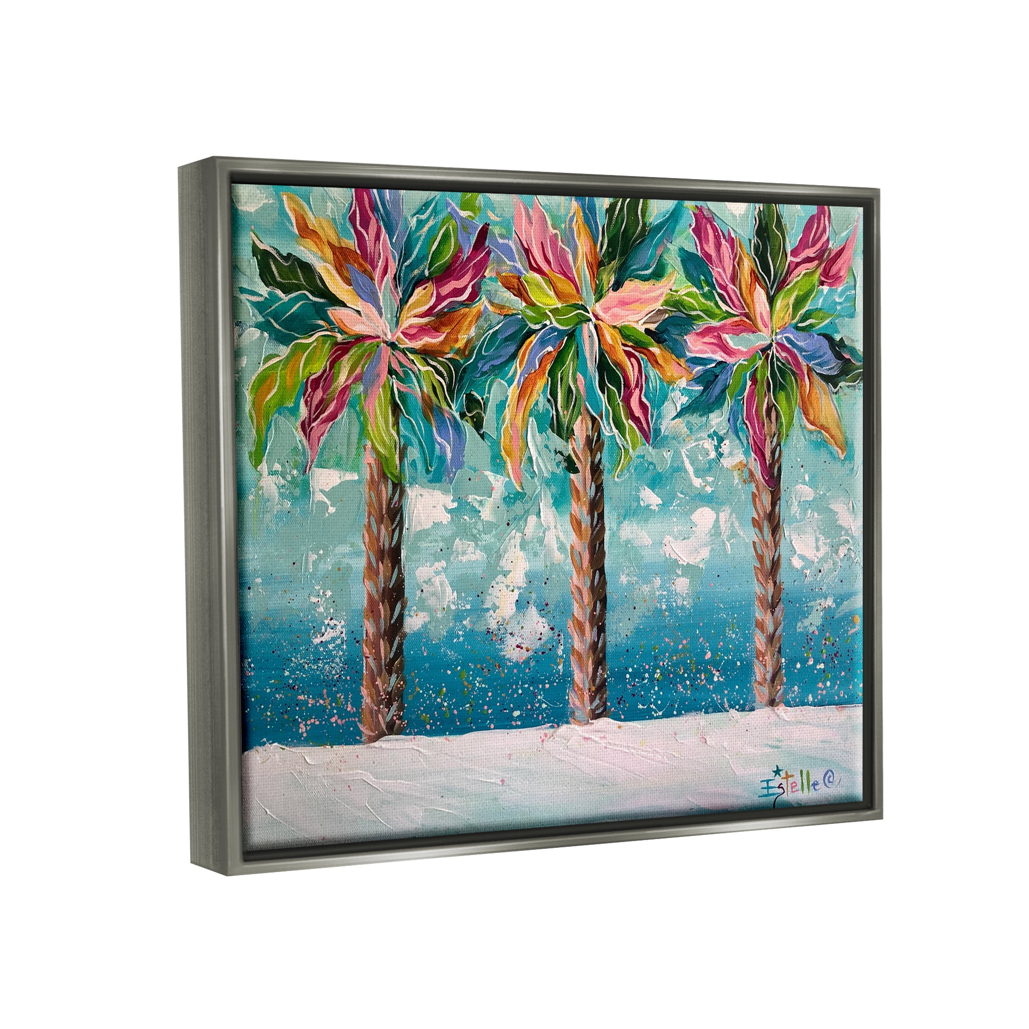 Stupell Industries Vivid Hue Palm Trees Landscape Painting Gray Floater Framed Canvas Art Print Wall Art, 21 x 17