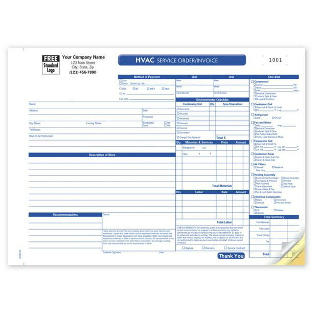 Hvac Service Work Order Horizontal Form And Invoice Walmart Com Walmart Com